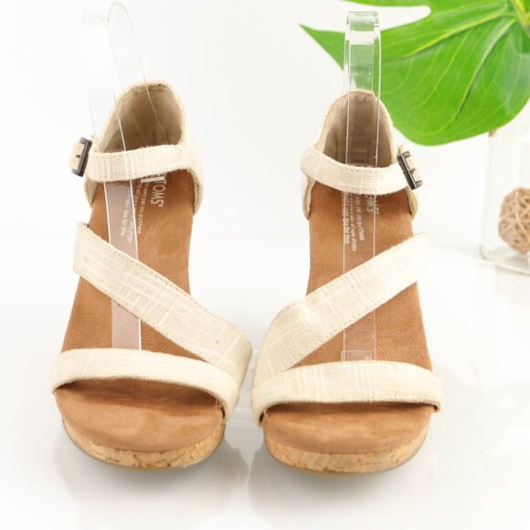 TOMS Womens Clarissa Sandal Size 9 Tan Strappy Linen Cork Wedge Platform Boho - Picture 2 of 12